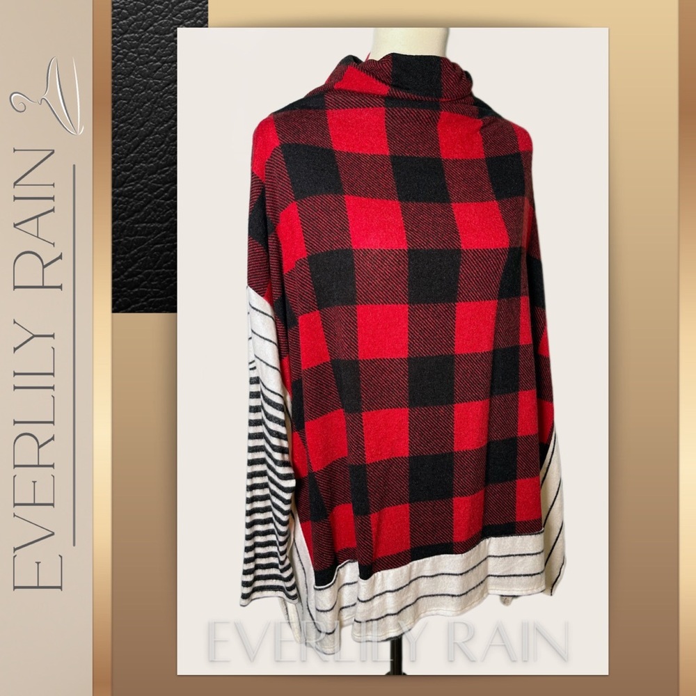 Plaid & Striped Poncho Style Sweater - Picture 8 of 12